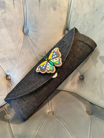 Denim Clutch with Butterfly broach